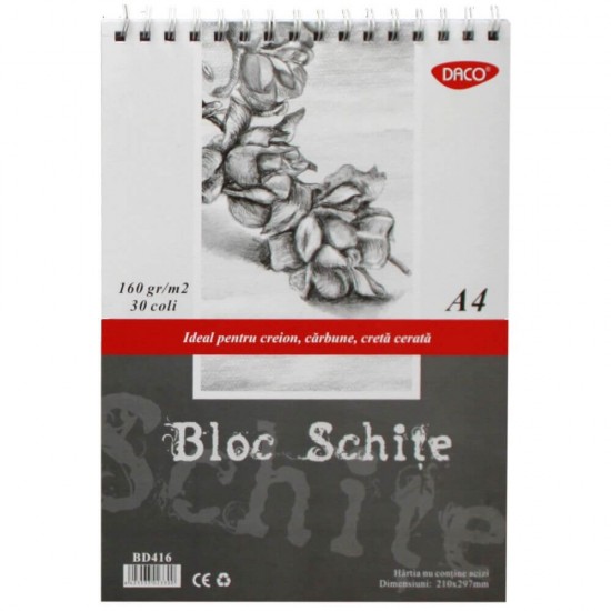 Bloc A4 pentru Schite DACO, 30 File, 160 g/m², Hartie Alba, Hartie Alba, Bloc Schite DACO, Bloc Schite A4, Bloc Schite, Bloc Schite Foi Albe, Bloc Schita Alba, Bloc de Desen, Materiale Arta