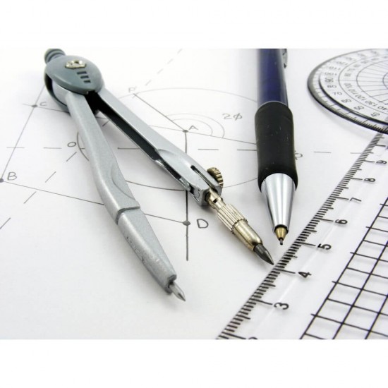 Trusa Compas Metalic DACO, Diametru Maxim Cerc 42 cm, 7 Accesorii Incluse, Culoare Gri/Albastru, Compas Matematica, Trusa Compas pentru Scolari, Compas pentru Geometrie, Trusa Desen Tehnic, Rechizite Scolare, Instrumente Geometrie