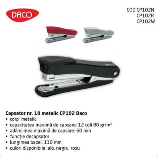 Capsator DACO Numarul 10, 12 Coli, Corp Metalic Negru, Capsatoare Metalice Manuale, Capsator Manual de Hartie, Capsatoare Metalice DACO pentru Birou, Capsatoare 12 Coli, Capsatoare pentru Hartie, Capsator pentru Birou