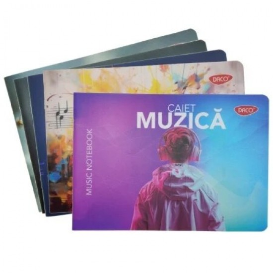 Caiet Muzica DACO, Dimensiuni 17x24 cm, 24 File, Coperta din Plastic, Diferite Culori: Albastru, Roz, Verde, Gri