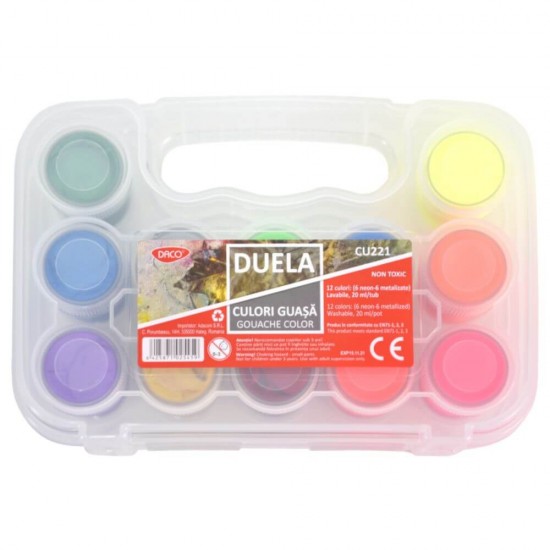 Culori Guasa DACO, 12 Culori/Set, 20 ml/Tub, 6 Culori Neon, 6 Culori Metalice, Model Brilia, Culori Guase, Vopsea Guasa, Vopsele Guase, Guasa Set, Culori pentru Pictat Lavabile, Culori Pictura, Culori pentru Desen