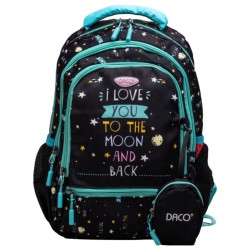 Ghiozdan Scolar cu Borseta DACO Model I Love You To The Moon And Back, Dimensiune 38x30x17 cm, Model I Love You To The Moon And Back, Bretele cu Burete Reglabile si Patru Fermoare, Material Poliester, Culoare Negru