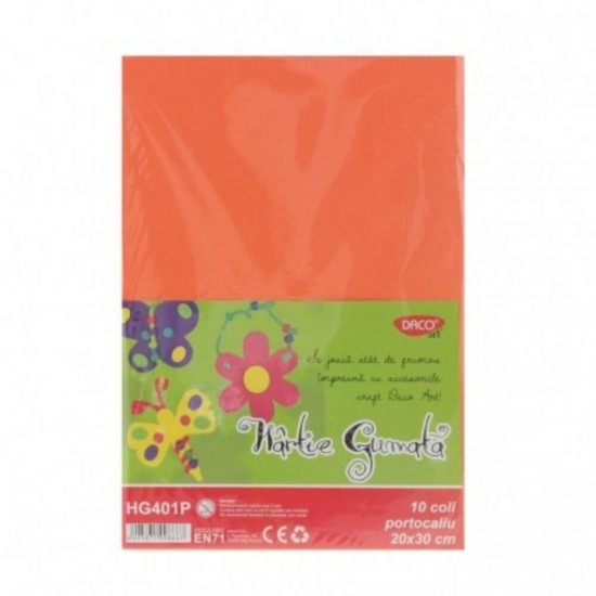 Hartie Gumata DACO, 20x30 cm, 10 Coli/Top, Culoare Portocalie, Hartie Gumata, Hartie Gumata pentru Scoala, Hartie Gumata Portocalie, Coala Gumata, Coala Gumata Portocalie, Hartie Decorativa, Rechizite Scolare