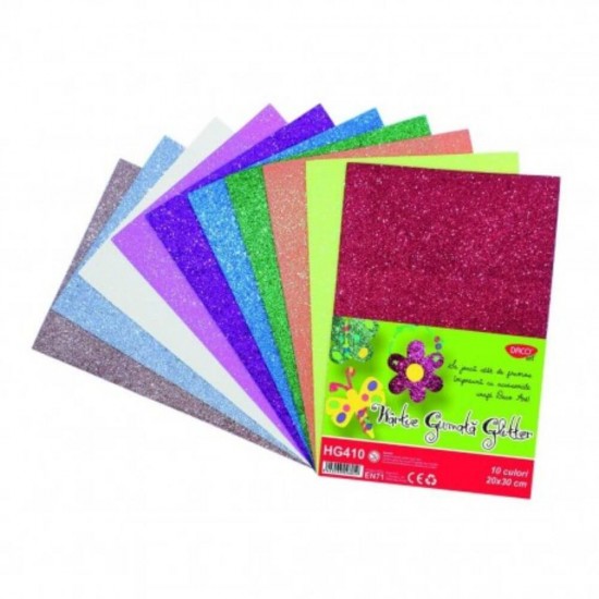 Hartie Gumata Glitter DACO, 20x30 cm, 10 Coli/Top, 10 Culori, Hartie Gumata Glitter, Hartie Gumata, Hartie Glitter, Hartie Glitter pentru Scoala, Hartie Glitter Colorata, Hartie Gumata cu Sclipici, Rechizite Scolare