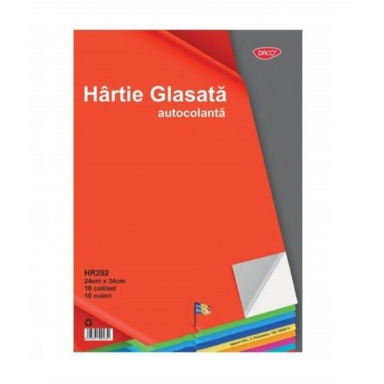 Hartie Glasata Autocolanta Lucioasa DACO, 24x34 cm, 10 Coli/Top, 10 Culori, Hartie Glasata Autocolanta, Hartie Glasata, Hartie Glase Autocolanta, Hartie Glasata Lucioasa, Hartie Glasata Colorata, Hartie Autocolanta Colorata, Rechizite Scolare