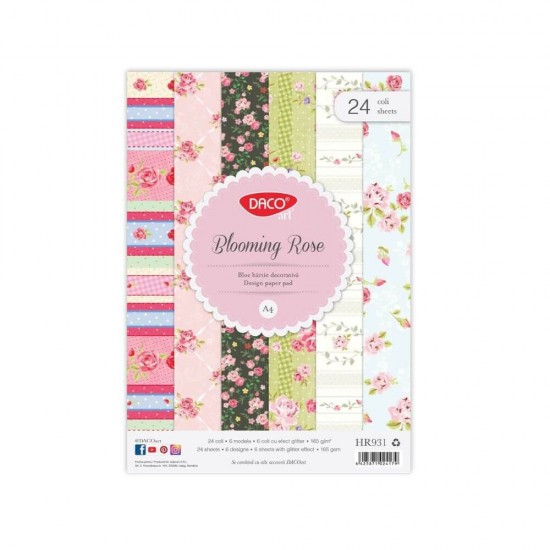 Hartie Decorativa DACO A4, Model Blooming Rose, 24 Coli/Top, 165 g/mÂ², Multicolor, Hartie Colorata Decorativa, Bloc Hartie Decorativa, Modele Hartie Decorativa, Hartie Decorativ Speciala, Set Hartie cu Modele, Hartie Decorativa cu Model