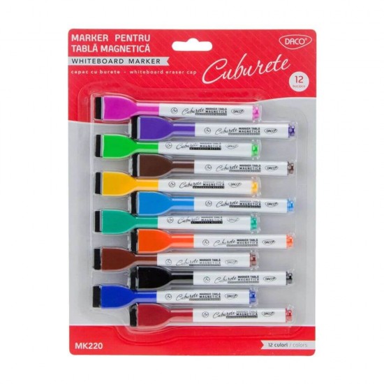 Set 12 Markere Tabla Magnetica DACO cu Burete, 12 Culori Diferite, Marker, Markere Colorate, Markere cu Cerneala Colorata, Set Markere Colorate, Markere Nepermanente Tabla, Markere Colorate Tabla Magnetica, Markere Whiteboard