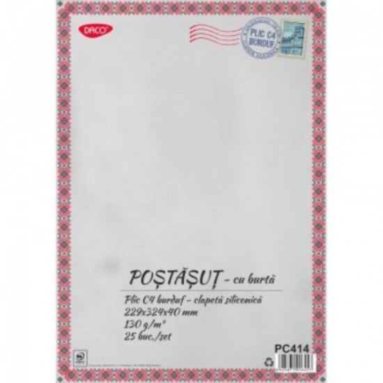 Plic cu Burduf Daco, C4, 229x324x40 mm, 25 Buc/Set, Natur, cu Lipire Siliconica, 130 g/mÂ², Tip Lipire Siliconic, Plic cu Clapeta Siliconica, Plic Hartie Craft, Plic Hartie Natur, Plicuri Posta, Plicuri cu Burduf B4, Plicuri Natur cu Burduf, Plic Maro B4
