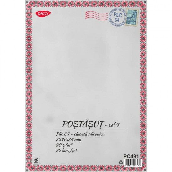 Plic Siliconic Daco, C4, 229x324 mm, 25 Buc/Set, Alb, cu Lipire Siliconica, 90 g/mÂ², Tip Lipire Siliconic, Plic cu Clapeta Siliconica, Plic Mediu Corespondenta, Plic Hartie Alba, Plic Posta, Plicuri Posta, Plicuri Albe din Hartie, Plic Alb Hartie