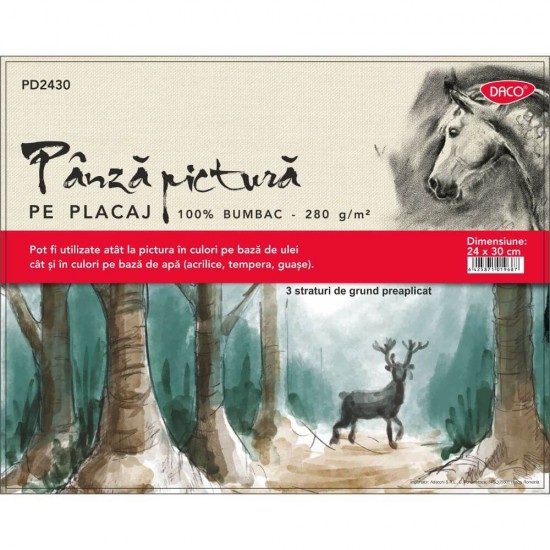 Panza Pictura pe Placaj DACO, 24x30 cm, 280 g/mÂ², 3 Straturi de Grund Preaplicat, Panza pentru Pictura, Panza pe Placaj Bumbac, Placaj Lemn cu Panza, Placaj cu Panza Bumbac, Panza pe Placaj Lemn, Materiale pentru Pictura, Panza Daco