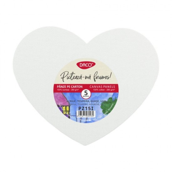 Panza Pictura pe Carton DACO, Model Inima, 5 Buc/Set, 280 g/mÂ², Panza pentru Pictura, Panza pe Carton Bumbac, Carton cu Panza, Carton cu Panza Bumbac, Panza pe Carton, Materiale pentru Pictura, Panza Daco