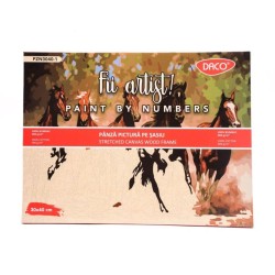 Panza Pictura Daco pe Numere, Material Bumbac, Dimensiune 30x40 cm, Gramaj 280 g/mÂ², 24 Culori Acrilice si 3 Pensule Incluse in Set, Model Cai