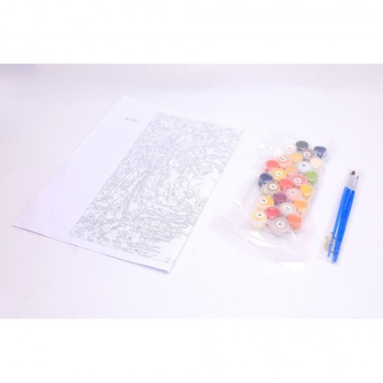 Panza Pictura Daco pe Numere, Material Bumbac, Dimensiune 30x40 cm, Gramaj 280 g/mÂ², 24 Culori Acrilice si 3 Pensule Incluse in Set, Model Peisaj de Toamna