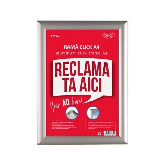 Rama Foto Click Daco, A4, Aluminiu, Argintiu, Sistem de Deschidere Inchidere Click, Rama Mare Aluminiu, Rama Argintie, Rama Poza, Rama Foto Perete, Rame Foto Clasice, Rama Tablou Argintie, Rame Tablou, Rama Poze, Rame Poze, Rama Foto cu Clipsuri