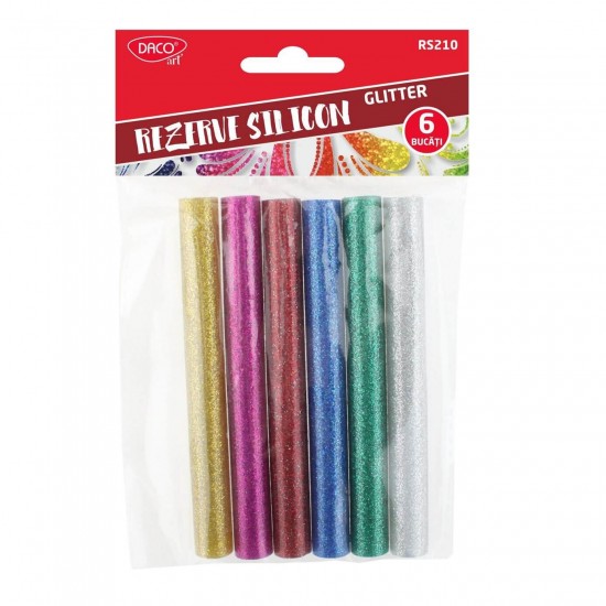 Rezerva Silicon cu Sclipici pentru Pistol de Lipit DACO, 10 mm, 6 Buc/Set, 6 Culori, Rezerve Silicon, Batoane Silicon, Silicon pentru Pistol de Lipit, Rezerve de Silicon Multicolore, Batoane de Silicon pentru Pistol de Lipit