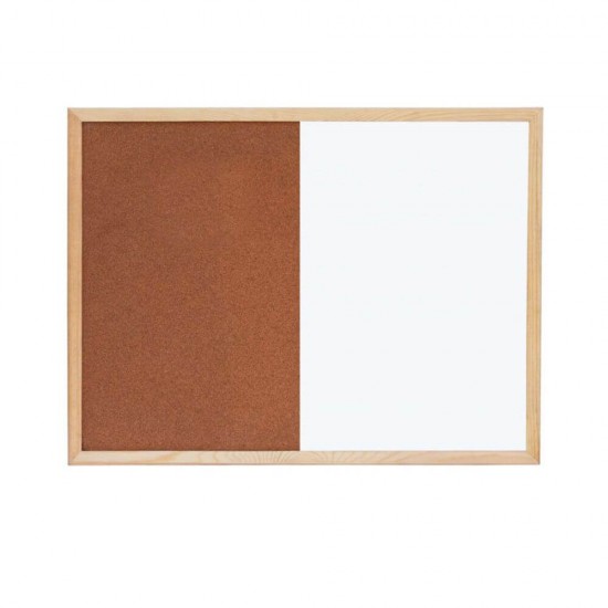 Tabla Whiteboard Magnetica si Panou Pluta DACO, 60x90 cm, Jumatate Suprafata Metalica Lacuita si Jumatate Pluta Naturala, Rama din Lemn, Tabla de Scris Profesionala, Table Whiteboard, Tabla Scolara, Panouri de Pluta