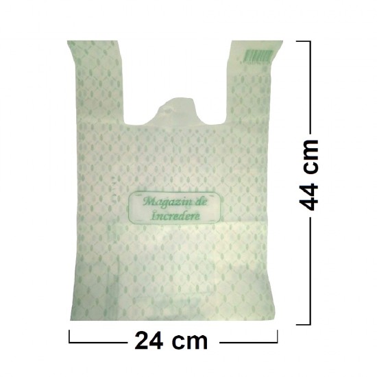 Cutie 500 Pungi Biodegradabile Albe, Model Imprimat, Dimensiune 24x6x44 cm, Grosime 17 MIC - Plase Ecologice si Reciclabile