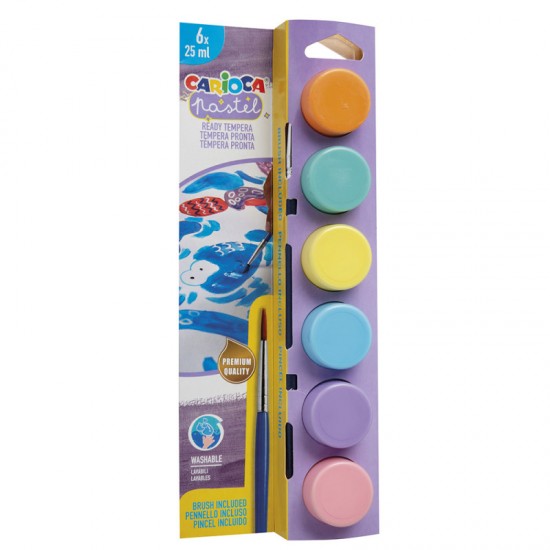 Tempera Super Lavabila, 6 Culori X 25 Ml/set, Contine Pensula, Carioca - Pastel