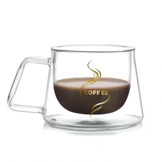 Cana Termorezistenta Cu Perete Dublu Din Sticla, Model Coffee, Capacitate 200 Ml, Transparent