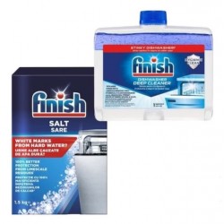 Pachet Promo: Finish Solutie Curatare Masina Vase Regular 250ml + Finish Sare Speciala Pentru Masina De Spalat Vase, 1.5 Kg, Solutie Pudra