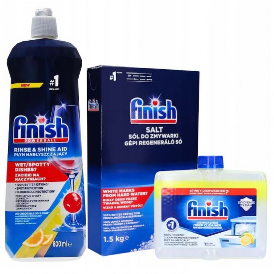 Pachet Promo: Finish Solutie Curatare Masina Vase Lemon 250ml + Finish Sare Speciala Pentru Masina De Spalat Vase, 1.5 Kg, Solutie Pudra + Finish Solutie Clatire Masina Spalat Vase 800ml