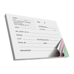Chitantier Autocopiativ A6, 3 Exemplare, Tipar 1+0, Coperta Fata Tiparita, Coperta din Carton + Prelungire Cartonata