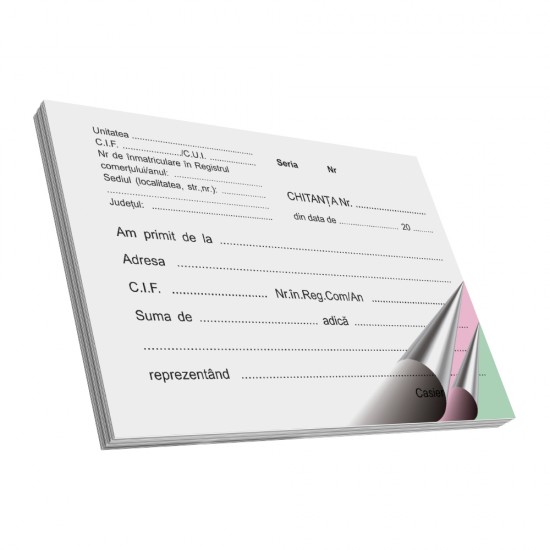Chitantier Autocopiativ A6, 3 Exemplare, Tipar 1+0, Coperta Fata Tiparita, Coperta din Carton + Prelungire Cartonata