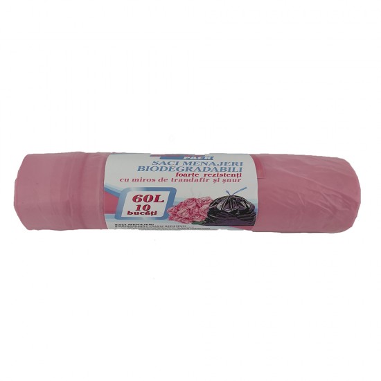 Saci Menajeri Merve, Biodegradabili cu Miros de Trandafir si Snur, 60 L, 10 Buc/Rola