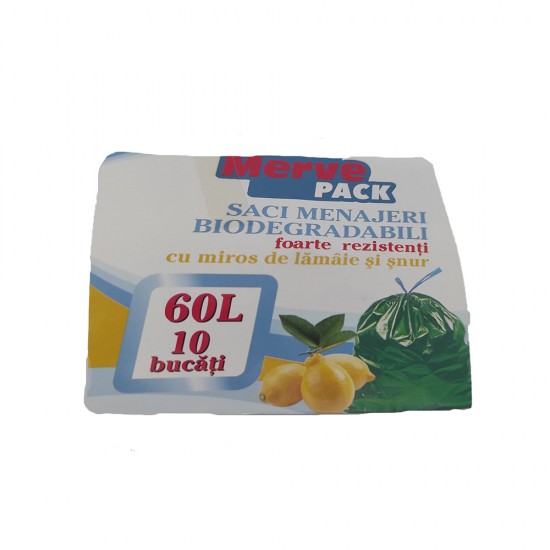 Saci Menajeri Merve, Biodegradabili cu Miros de Lamaie si Snur, 60 L, 10 Buc/Rola