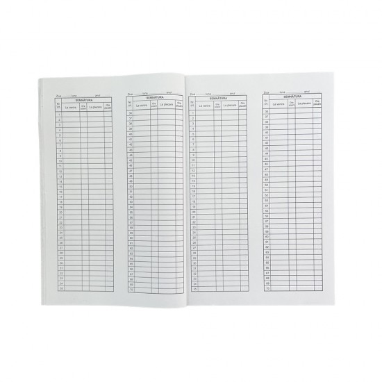 Condica de Prezenta A4, Tipar Negru Fata/Verso, 100 File/Carnet, Coperta Fata Tiparita, Coperta din Carton Fata/Spate