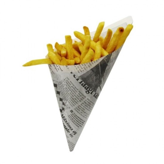 Set 1000 Cornete Hartie pentru Cartofi Prajiti, 22x22x25 cm, Model Ziar, Cornete Servire Cartofi Prajiti, Ambalaje Fast-Food, Suport Servire Cartofi Prajiti, Conuri Hartie Cartofi Prajiti, Cornete Cartofi Take Away, Cornete Cartofi Fast-Food