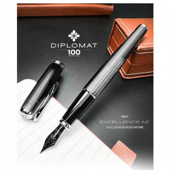 Stilou Diplomat Excellence A2, Cu Penita M, Din Otel Inoxidabil - Guilloche Black Chrome
