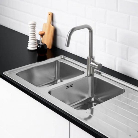 Chiuveta Bucatarie Dubla Sanobi, 116x50 cm, cu Picurator pe Dreapta, Inox Alimentar, Finisaj Mat, Chiuveta de Bucatarie Sanobi, Chiuveta Dubla cu Picurator pentru Bucatarie, Chiuveta de Bucatarie Dubla cu Picurator, Chiuveta Bucatarie Inox