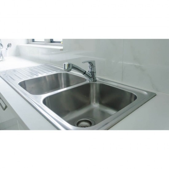 Chiuveta Bucatarie Dubla Sanobi, 116x50 cm, cu Picurator pe Dreapta, Inox Alimentar, Finisaj Mat, Chiuveta de Bucatarie Sanobi, Chiuveta Dubla cu Picurator pentru Bucatarie, Chiuveta de Bucatarie Dubla cu Picurator, Chiuveta Bucatarie Inox