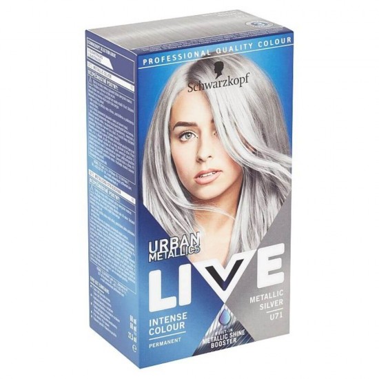Vopsea Par Permanenta LIVE Urban Metallics, U71 Metallic Silver, 142.5 ml, Vopsea de Par Permanenta Intense Colour Metallic Shine Booster, Crema Coloranta de Par, Vopsele de Par Metalice, Vopsea de Par cu Stralucire Metalica