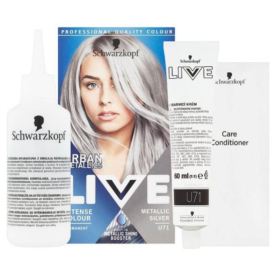 Vopsea Par Permanenta LIVE Urban Metallics, U71 Metallic Silver, 142.5 ml, Vopsea de Par Permanenta Intense Colour Metallic Shine Booster, Crema Coloranta de Par, Vopsele de Par Metalice, Vopsea de Par cu Stralucire Metalica
