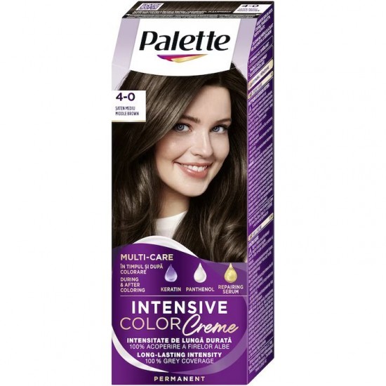 Vopsea de par permanenta Palette Intensive Color Cream N3 Saten Mediu, 4-0, 110 ml, Saten Mediu, Vopsea de Par PALETTE, Vopsea de Par Saten, Vopsea Nuanta Saten Mediu, Produse de Ingrijire a Parului, Vopsea Saten Colorare Par