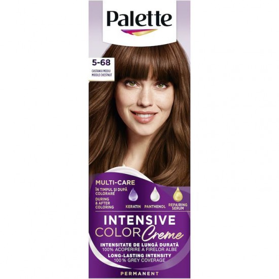 Vopsea de par permanenta Palette Intensive Color Cream R4 Castaniu Mediu, 5-68, 110 ml, Castaniu Mediu, Vopsea de Par PALETTE, Vopsea de Par Saten, Vopsea Nuanta Castaniu Mediu, Produse de Ingrijire a Parului, Vopsea Saten Castaniu Colorare Par