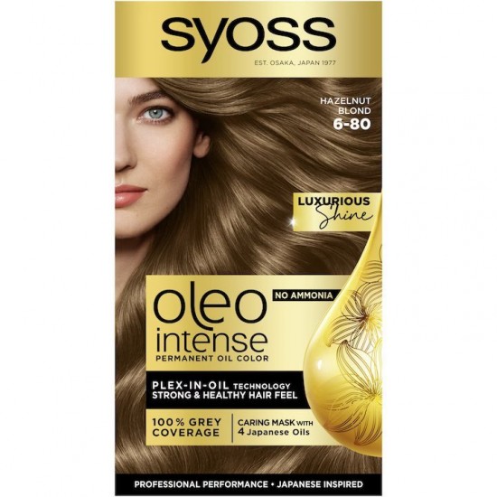 Vopsea de Par Permanenta, Fara Amoniac, SYOSS Oleo Intense, 6-80 Nuanta Blond Aluna, 115 ml, Vopsea Permanenta, Vopsea Fara Amoniac, Vopsea SYOSS, Vopsea de Par Profesionala