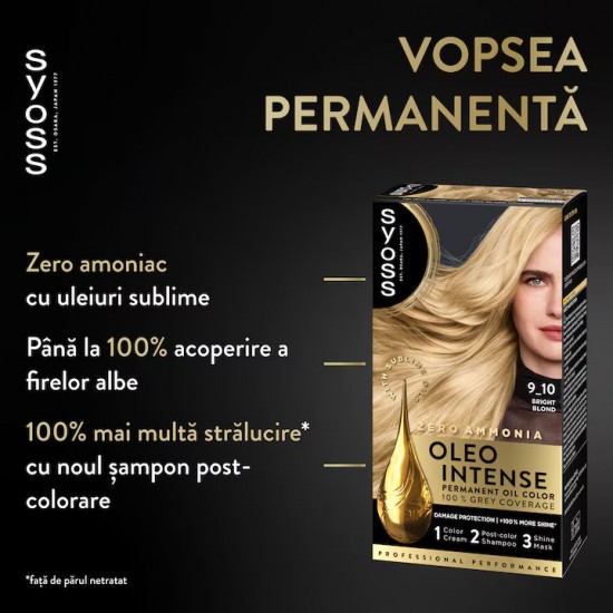 Vopsea de Par Permanenta, Fara Amoniac, SYOSS Oleo Intense, 9-10 Nuanta Blond Luminos, 115 ml, Vopsea Permanenta, Vopsea Fara Amoniac, Vopsea SYOSS, Vopsea de Par Profesionala