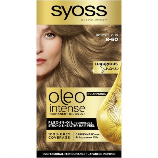 Vopsea de Par Permanenta, Fara Amoniac, SYOSS Oleo Intense, 8-60 Nuanta Blond Miere, 115 ml, Vopsea Permanenta, Vopsea SYOSS, Vopsea de Par Profesionala