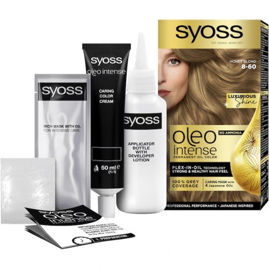 Vopsea de Par Permanenta, Fara Amoniac, SYOSS Oleo Intense, 8-60 Nuanta Blond Miere, 115 ml, Vopsea Permanenta, Vopsea SYOSS, Vopsea de Par Profesionala