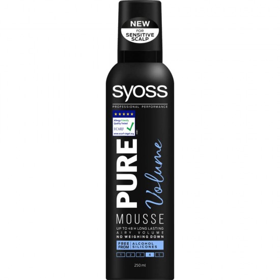 Spuma Syoss Pure Volume, 250 ml, Efect de Volum, Nivel de Fixare 4, Spuma Par, Spuma pentru Par, Spuma Antialergica Par, Spuma Fixativa, Spuma Fixare Par, Spuma Fixare Puternica, Spuma Nivel 4, Mousse Par, Spuma Syoss