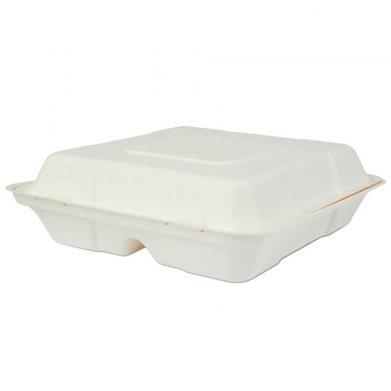 Set 200 Caserole Biodegradabile cu Capac pentru Meniu din Fibra Lemnoasa, Dimensiune 245x245x75 mm, 2 Compartimente