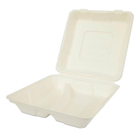 Set 250 Caserole Biodegradabile cu Capac pentru Meniu din Fibra Lemnoasa, Dimensiune 215x215x60 mm, 2 Compartimente