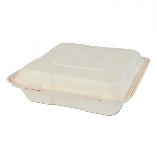 Set 250 Caserole Biodegradabile cu Capac pentru Meniu din Fibra Lemnoasa, Dimensiune 215x215x60 mm, 3 Compartimente