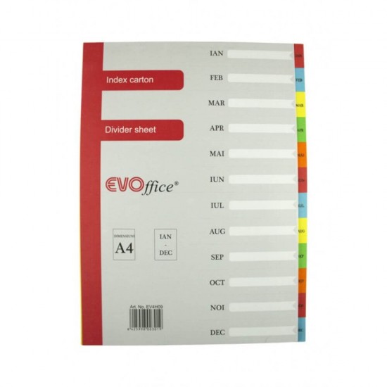 Index din Carton EVOffice Calendaristic, Format A4, Notat Ianuarie-Decembrie, Despartitoare din Carton, Indecsi Bibliorafturi - Separatoare din Carton