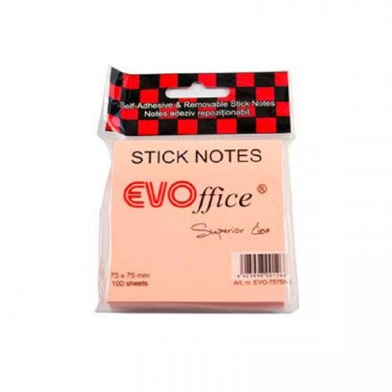 Notite Adezive EVOffice, Dimensiunea 75x75 mm, Culoare Roz Pastel, 100 File, Ideale pentru Mesaje si Memento-uri