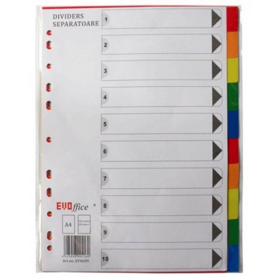Separatoare din Plastic EVOffice, 10 Culori/Set, Format A4, Despartitoare din Plastic, Separatoare Bibliorafturi - Index din Plastic