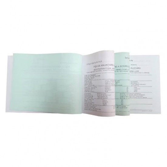 Fisa Cazare Anuntare Sosiri si Plecari Format A5, 2 Exemplare, Tipar 1+0, Coperta Fata Tiparita, Coperta din Carton + Prelungire Cartonata,  Hartie Alba (Ex. 1), Color (Ex. 2)